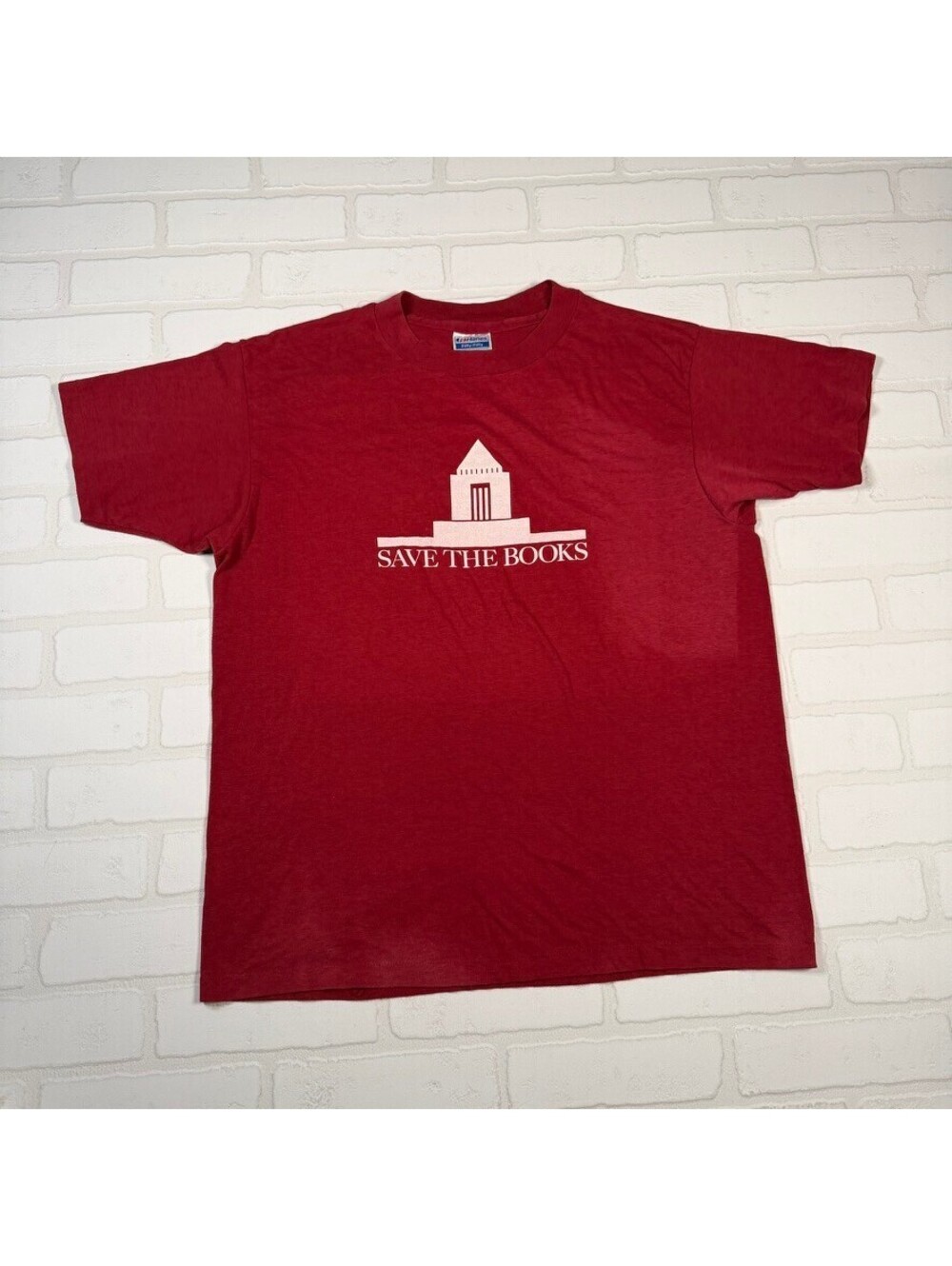 Vintage Save the Books Graphic Single Stitch T-Shirt Size XL Red